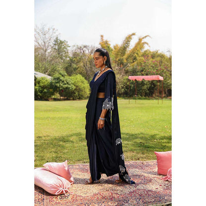 Ajiesh Oberoi Crystal Droplets Stitched Blouse With Side Slit Saree - Black