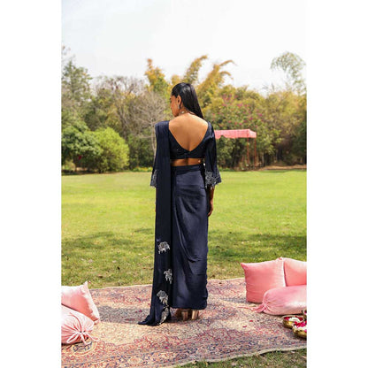 Ajiesh Oberoi Crystal Droplets Stitched Blouse With Side Slit Saree - Black