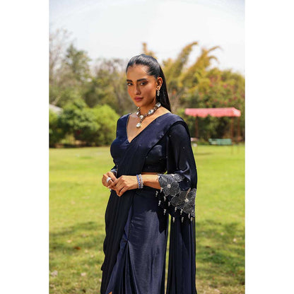 Ajiesh Oberoi Crystal Droplets Stitched Blouse With Side Slit Saree - Black