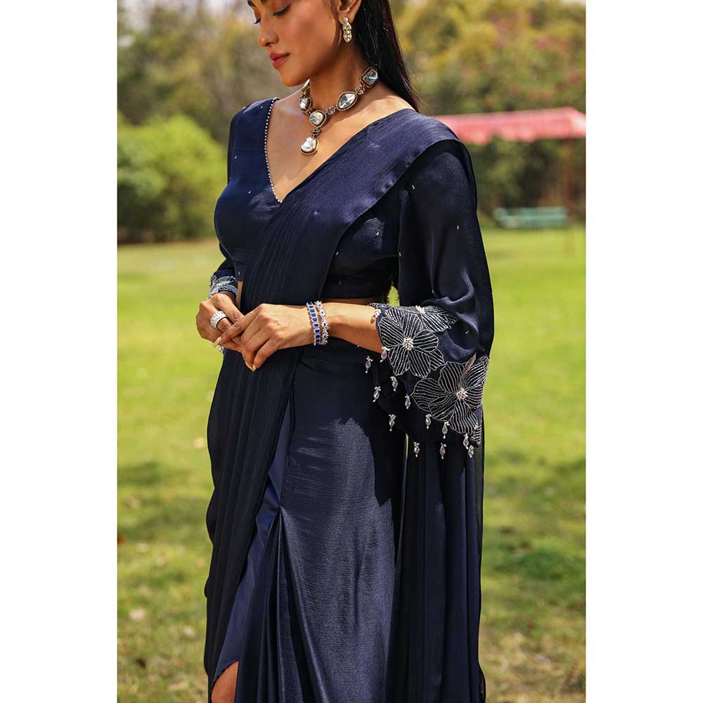 Ajiesh Oberoi Crystal Droplets Stitched Blouse With Side Slit Saree - Black