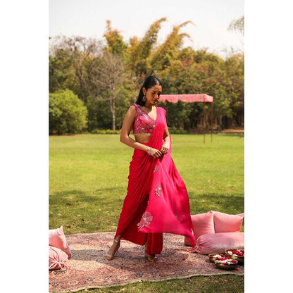 Ajiesh Oberoi Scattered Flowers Embellished Stitched Blouse With Side Slit Pickup Saree