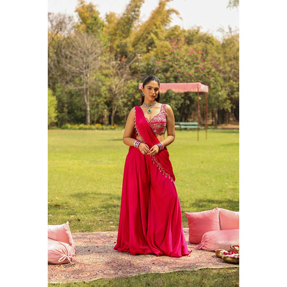 Ajiesh Oberoi Scalp Dori Embroidery Stitched Blouse Paired With Draped Sharara Saree - Pink