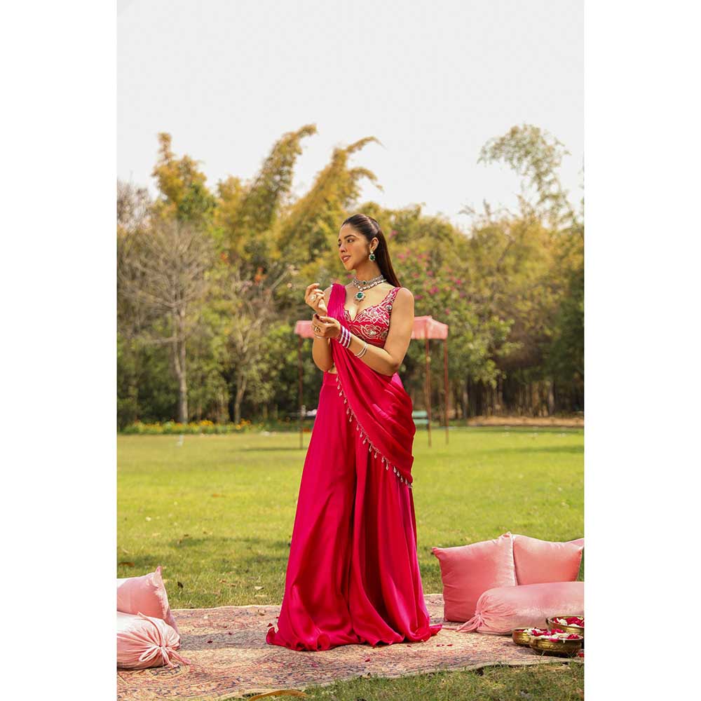 Ajiesh Oberoi Scalp Dori Embroidery Stitched Blouse Paired With Draped Sharara Saree - Pink