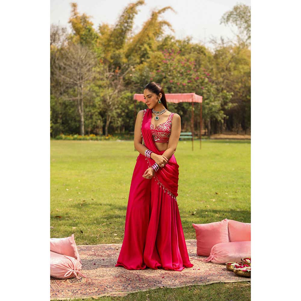 Ajiesh Oberoi Scalp Dori Embroidery Stitched Blouse Paired With Draped Sharara Saree - Pink