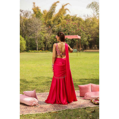 Ajiesh Oberoi Scalp Dori Embroidery Stitched Blouse Paired With Draped Sharara Saree - Pink