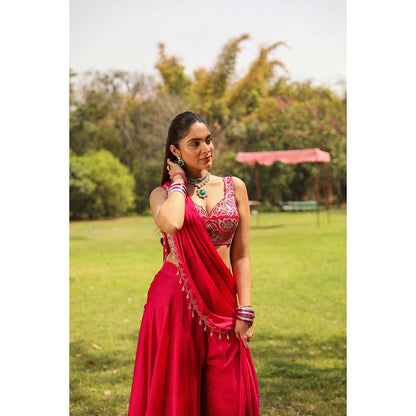 Ajiesh Oberoi Scalp Dori Embroidery Stitched Blouse Paired With Draped Sharara Saree - Pink
