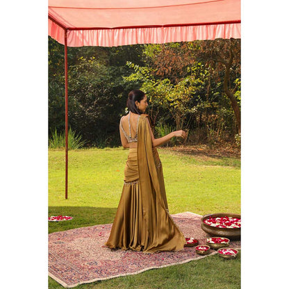 Ajiesh Oberoi Scalp Dori Embroidery Stitched Blouse Paired With Draped Sharara Saree - Gold