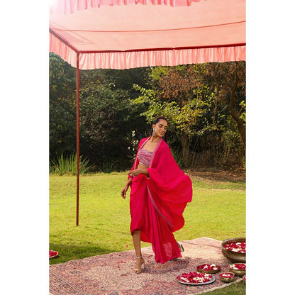 Ajiesh Oberoi Star Shot Crystal Embroidery Lehenga With Stitched Blouse And Cape - Pink