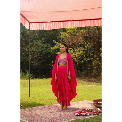 Ajiesh Oberoi Star Shot Crystal Embroidery Lehenga With Stitched Blouse And Cape - Pink