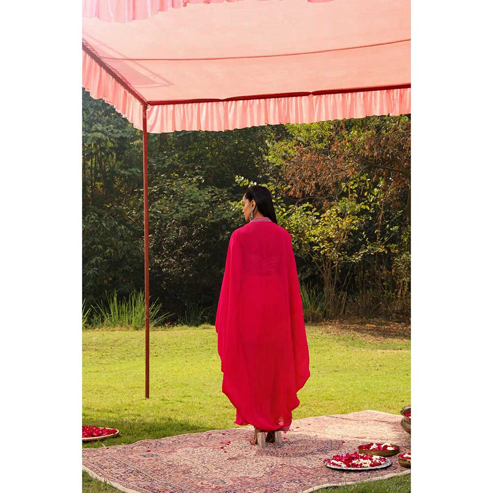 Ajiesh Oberoi Star Shot Crystal Embroidery Lehenga With Stitched Blouse And Cape - Pink