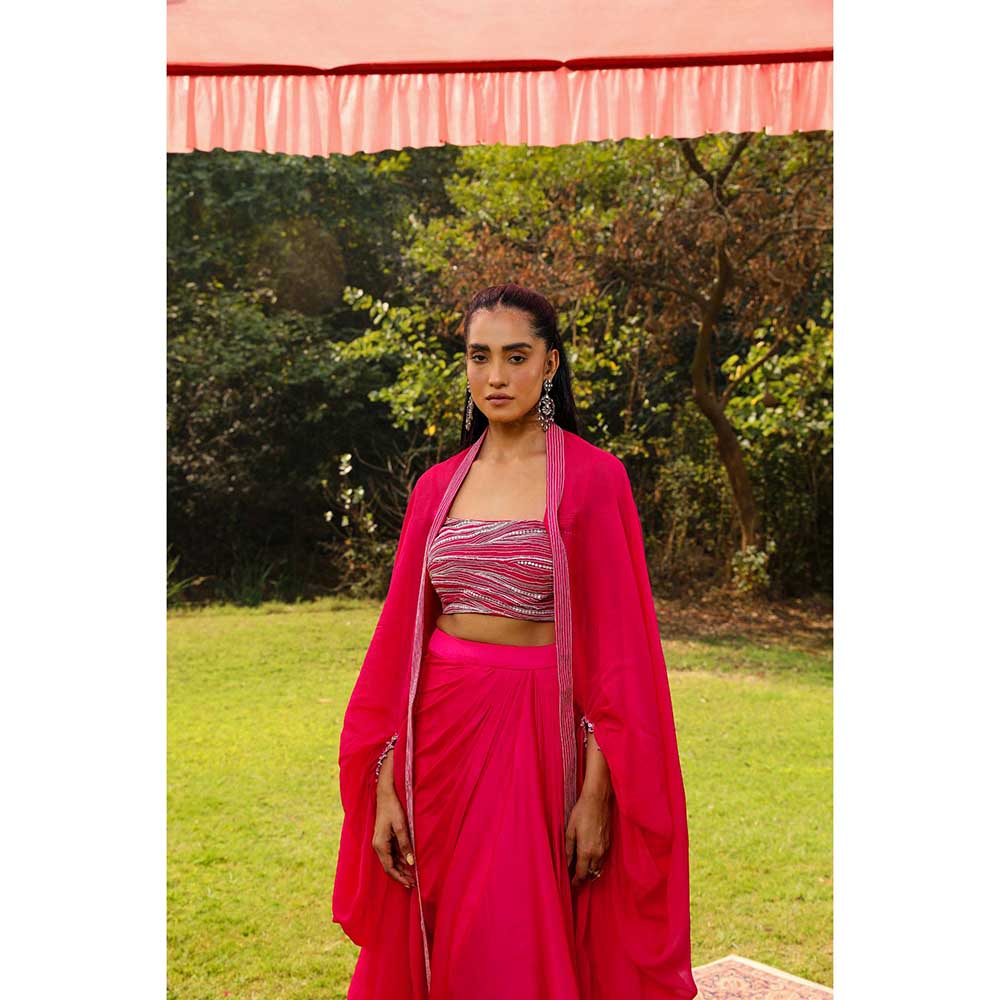 Ajiesh Oberoi Star Shot Crystal Embroidery Lehenga With Stitched Blouse And Cape - Pink