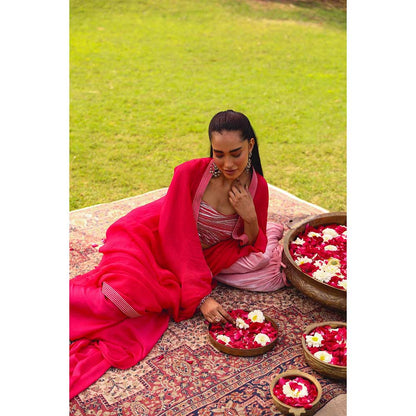 Ajiesh Oberoi Star Shot Crystal Embroidery Lehenga With Stitched Blouse And Cape - Pink