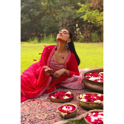 Ajiesh Oberoi Star Shot Crystal Embroidery Lehenga With Stitched Blouse And Cape - Pink