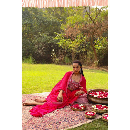 Ajiesh Oberoi Star Shot Crystal Embroidery Lehenga With Stitched Blouse And Cape - Pink