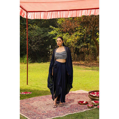 Ajiesh Oberoi Star Shot Crystal Embroidery Lehenga With Stitched Blouse And Cape - Navy Blue