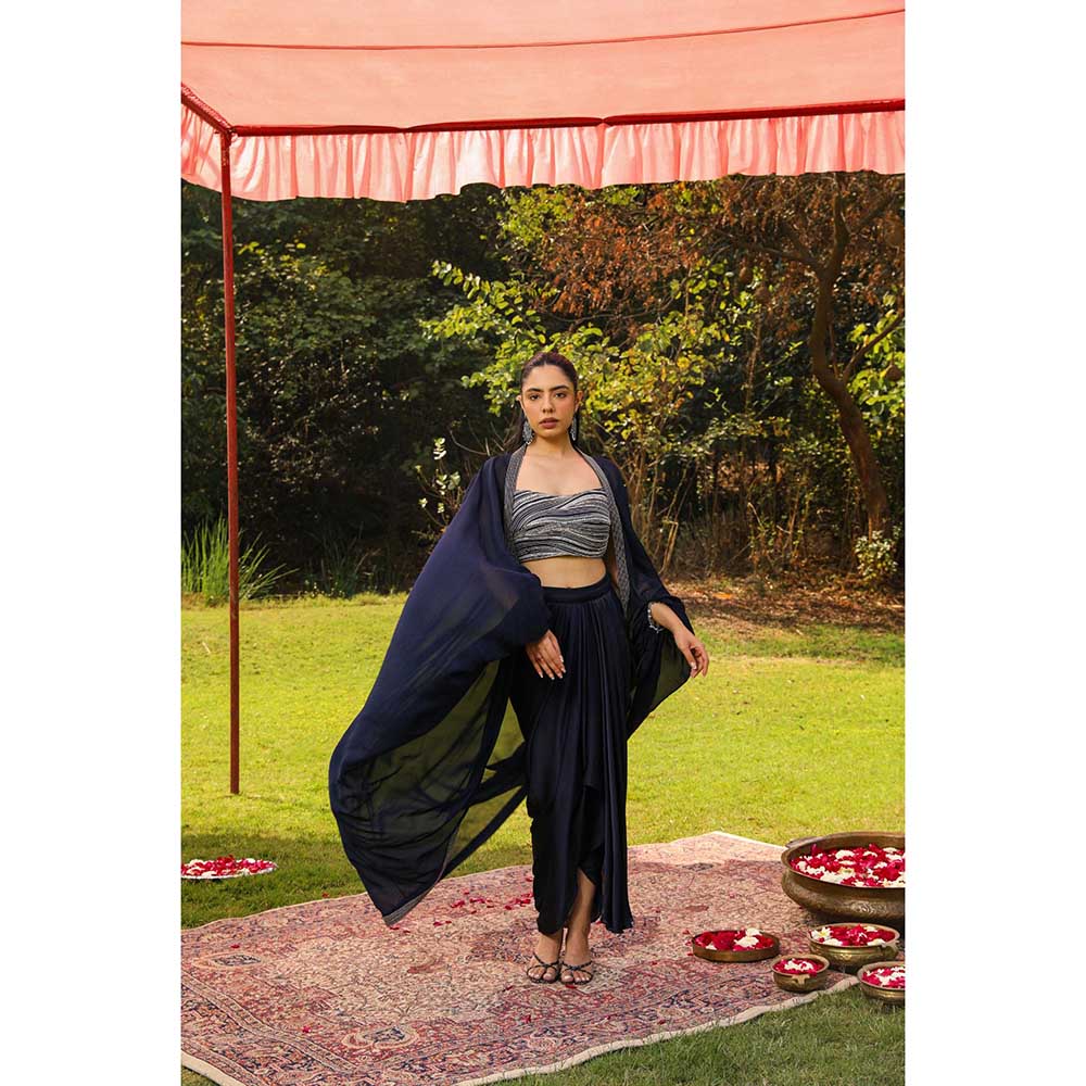 Ajiesh Oberoi Star Shot Crystal Embroidery Lehenga With Stitched Blouse And Cape - Navy Blue