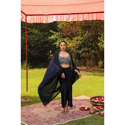 Ajiesh Oberoi Star Shot Crystal Embroidery Lehenga With Stitched Blouse And Cape - Navy Blue