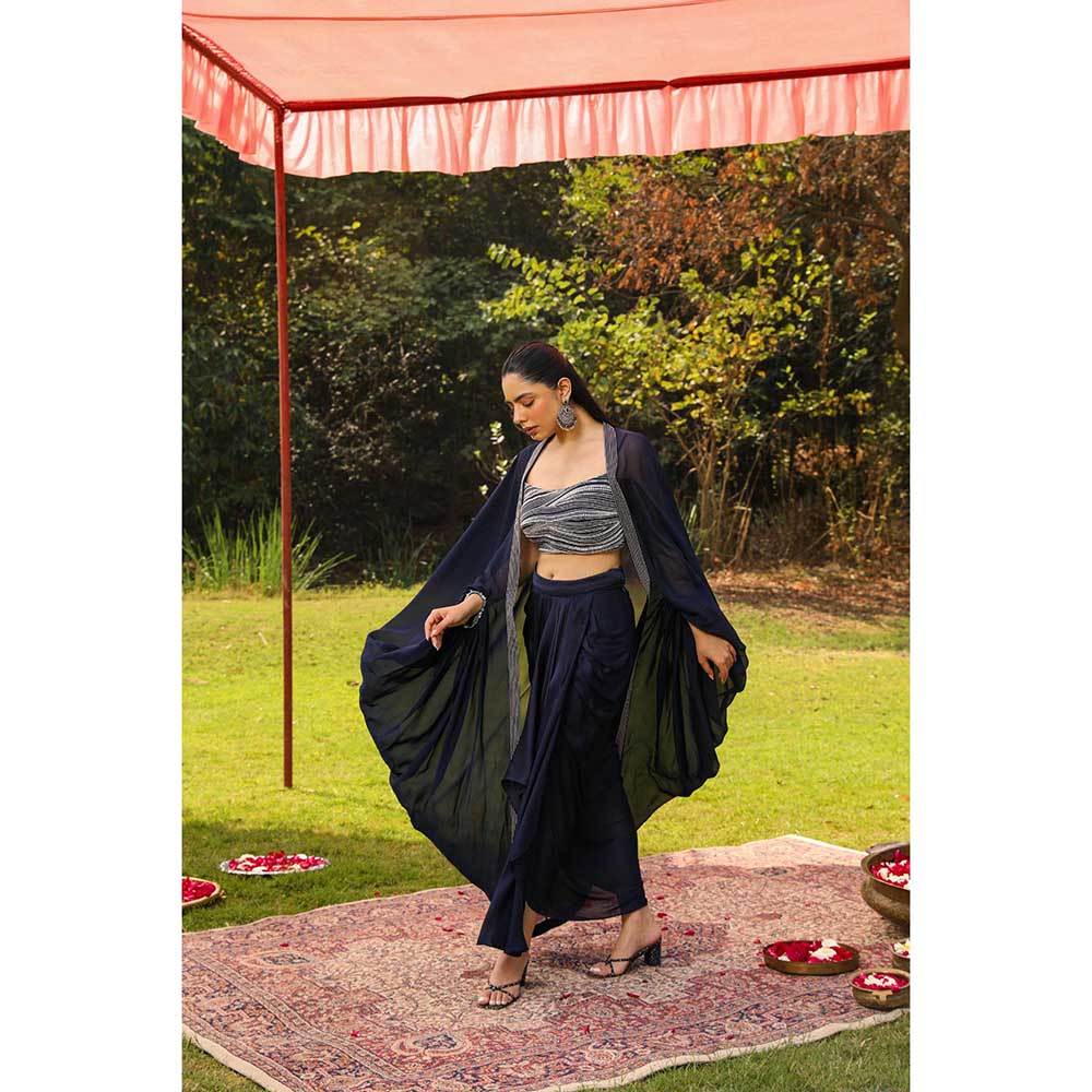 Ajiesh Oberoi Star Shot Crystal Embroidery Lehenga With Stitched Blouse And Cape - Navy Blue