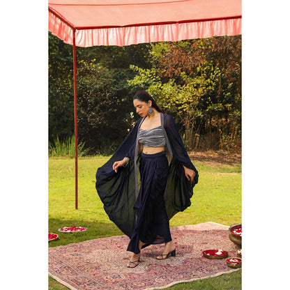 Ajiesh Oberoi Star Shot Crystal Embroidery Lehenga With Stitched Blouse And Cape - Navy Blue