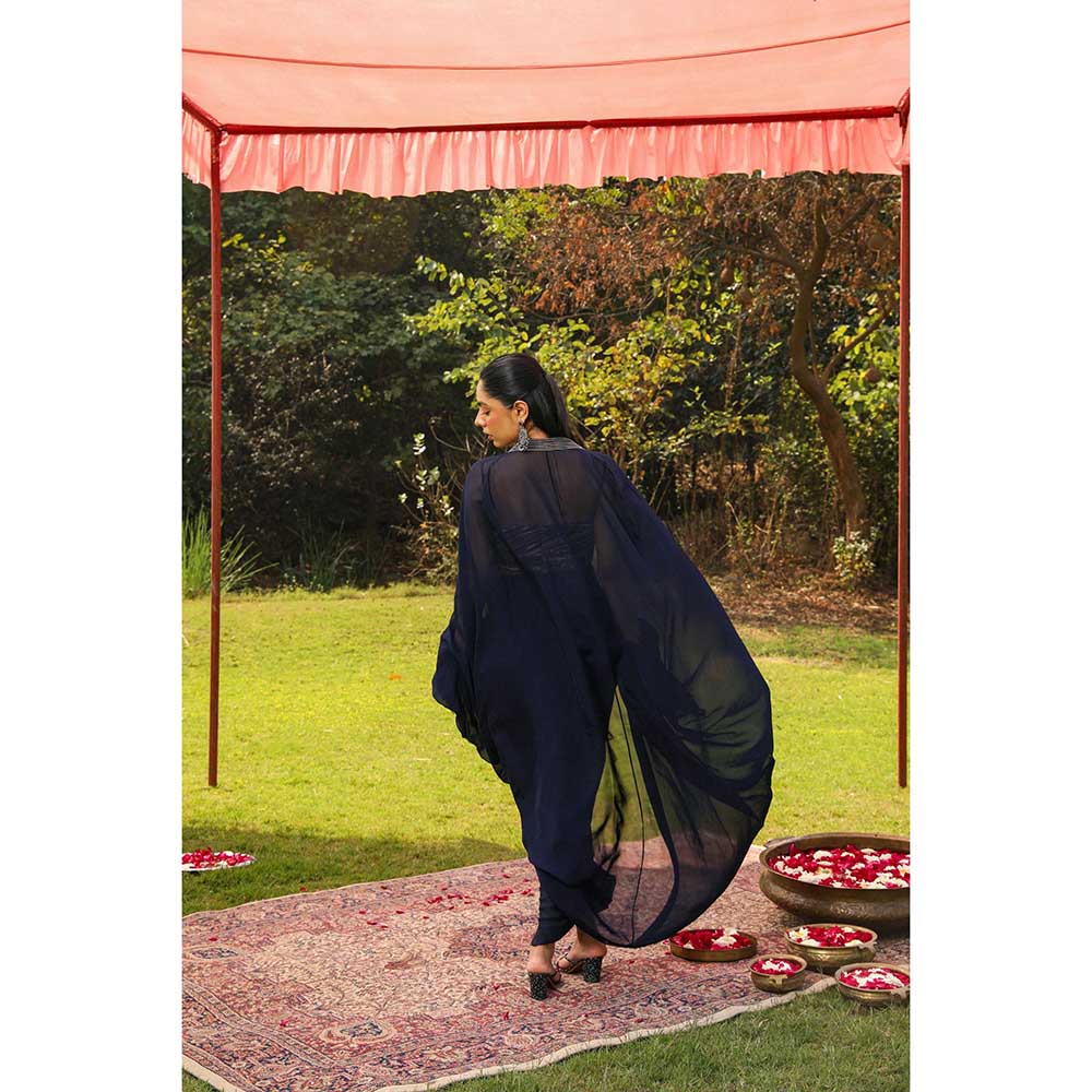 Ajiesh Oberoi Star Shot Crystal Embroidery Lehenga With Stitched Blouse And Cape - Navy Blue