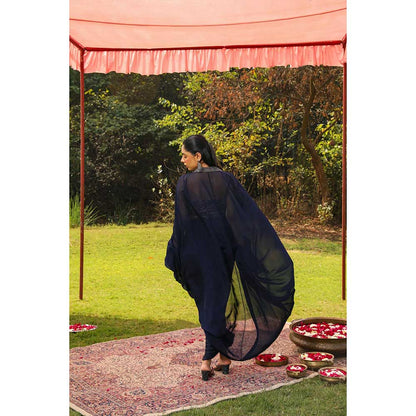 Ajiesh Oberoi Star Shot Crystal Embroidery Lehenga With Stitched Blouse And Cape - Navy Blue