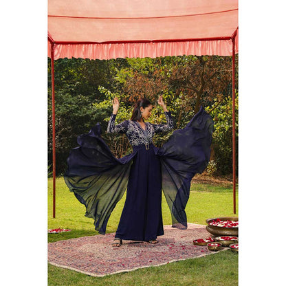 Ajiesh Oberoi Flora Yoke Embroidery Jumpsuit With Detachable Side Flaps - Navy Blue