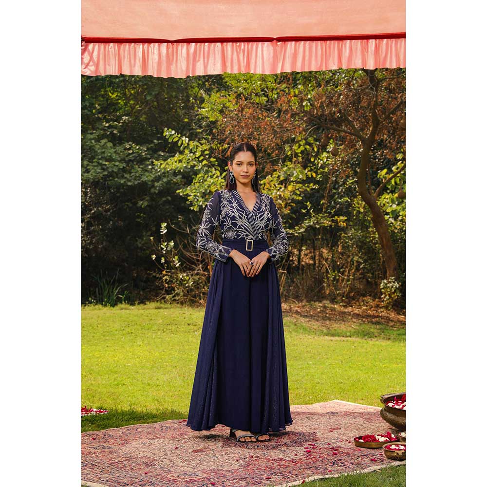 Ajiesh Oberoi Flora Yoke Embroidery Jumpsuit With Detachable Side Flaps - Navy Blue