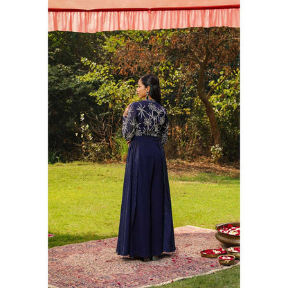 Ajiesh Oberoi Flora Yoke Embroidery Jumpsuit With Detachable Side Flaps - Navy Blue