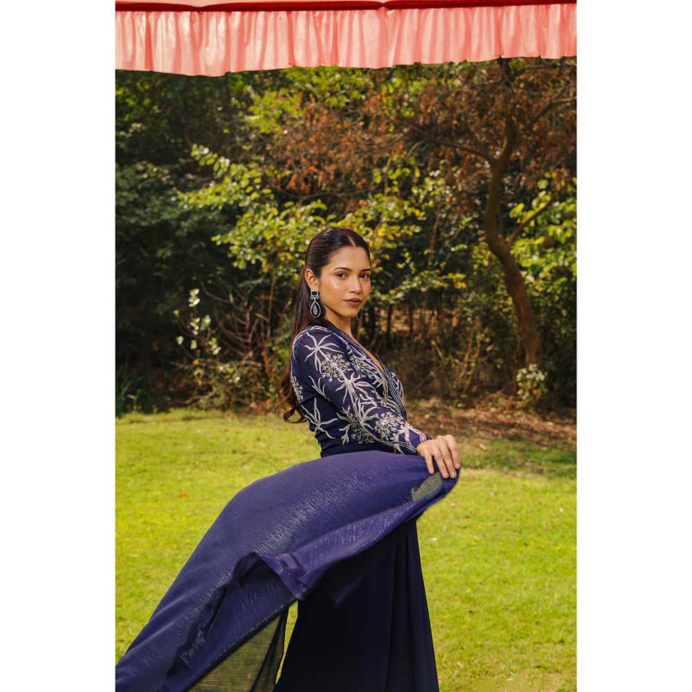 Ajiesh Oberoi Flora Yoke Embroidery Jumpsuit With Detachable Side Flaps - Navy Blue