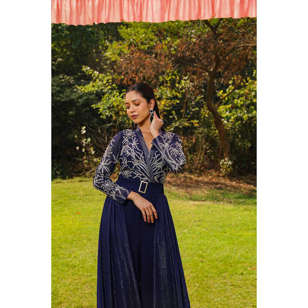 Ajiesh Oberoi Flora Yoke Embroidery Jumpsuit With Detachable Side Flaps - Navy Blue