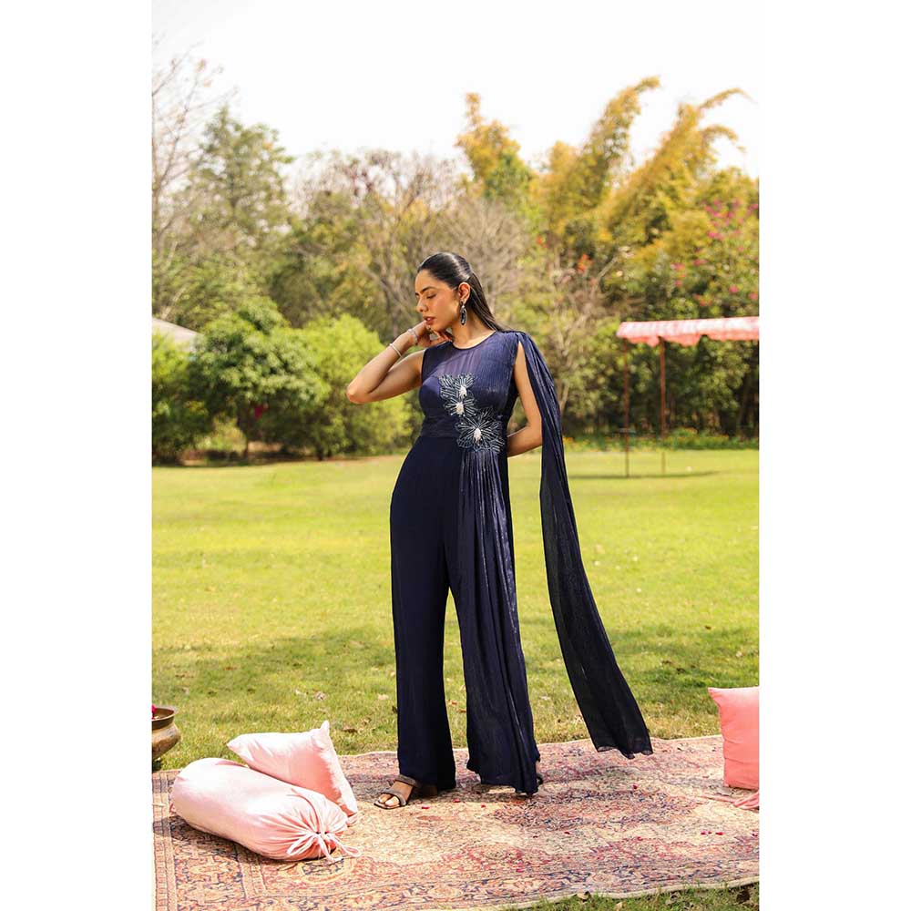 Ajiesh Oberoi Flora Inspired Yoke Embroidery Flared Jumpsuit - Navy Blue