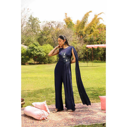Ajiesh Oberoi Flora Inspired Yoke Embroidery Flared Jumpsuit - Navy Blue