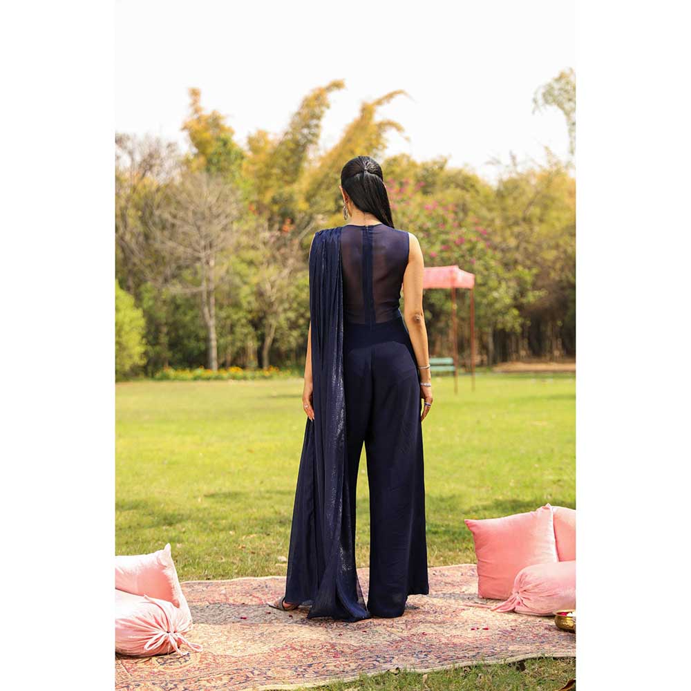 Ajiesh Oberoi Flora Inspired Yoke Embroidery Flared Jumpsuit - Navy Blue