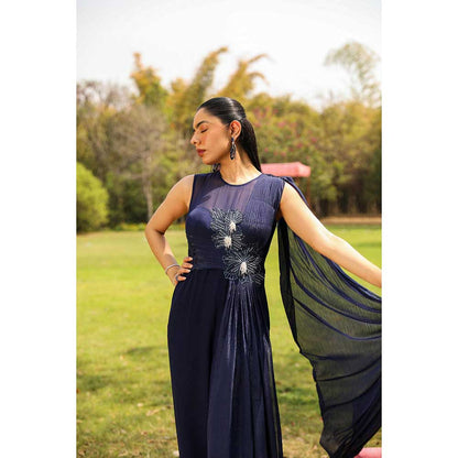 Ajiesh Oberoi Flora Inspired Yoke Embroidery Flared Jumpsuit - Navy Blue
