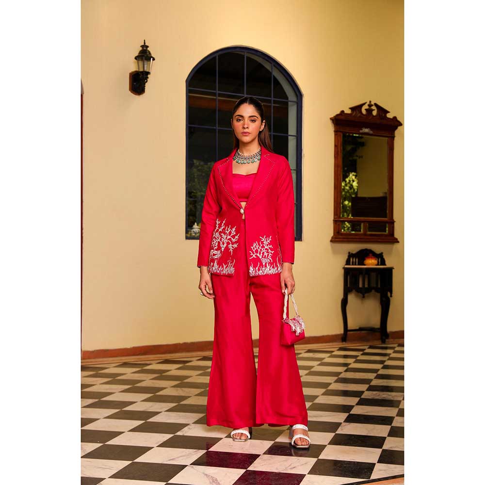 Ajiesh Oberoi Crystal Sleeves Deer Embroidery Jacket With Pant And Bustier- Red