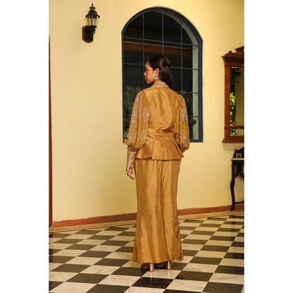 Ajiesh Oberoi Organza Embellished Jacket With Pant And Bustier - Gold