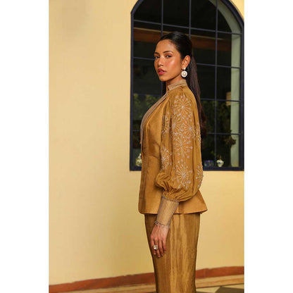 Ajiesh Oberoi Organza Embellished Jacket With Pant And Bustier - Gold