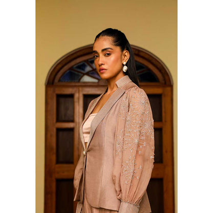 Ajiesh Oberoi Organza Embellished Jacket With Pant And Bustier - Tan
