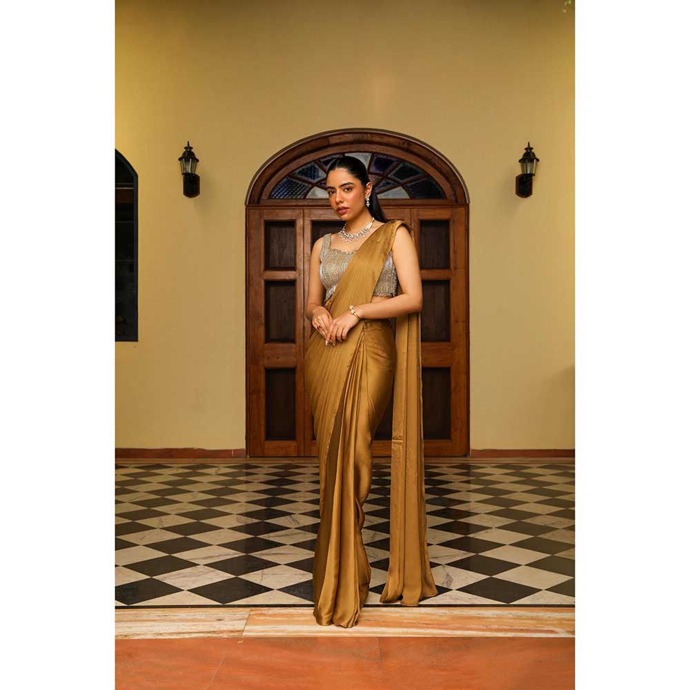 Ajiesh Oberoi Heavy Dori And Cut Dana Embellished Stitched Blouse With Drape Saree - Gold