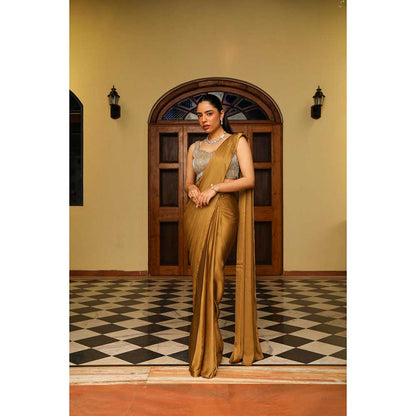 Ajiesh Oberoi Heavy Dori And Cut Dana Embellished Stitched Blouse With Drape Saree - Gold