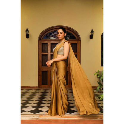 Ajiesh Oberoi Heavy Dori And Cut Dana Embellished Stitched Blouse With Drape Saree - Gold