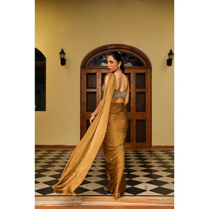 Ajiesh Oberoi Heavy Dori And Cut Dana Embellished Stitched Blouse With Drape Saree - Gold