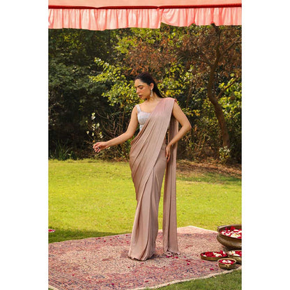Ajiesh Oberoi Heavy Dori And Cut Dana Embellished Stitched Blouse With Drape Saree - Pink