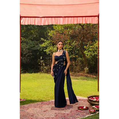 Ajiesh Oberoi Droplet Strings Mermaid Pre-Draped Saree With Dori Stitched Blouse - Navy Blue
