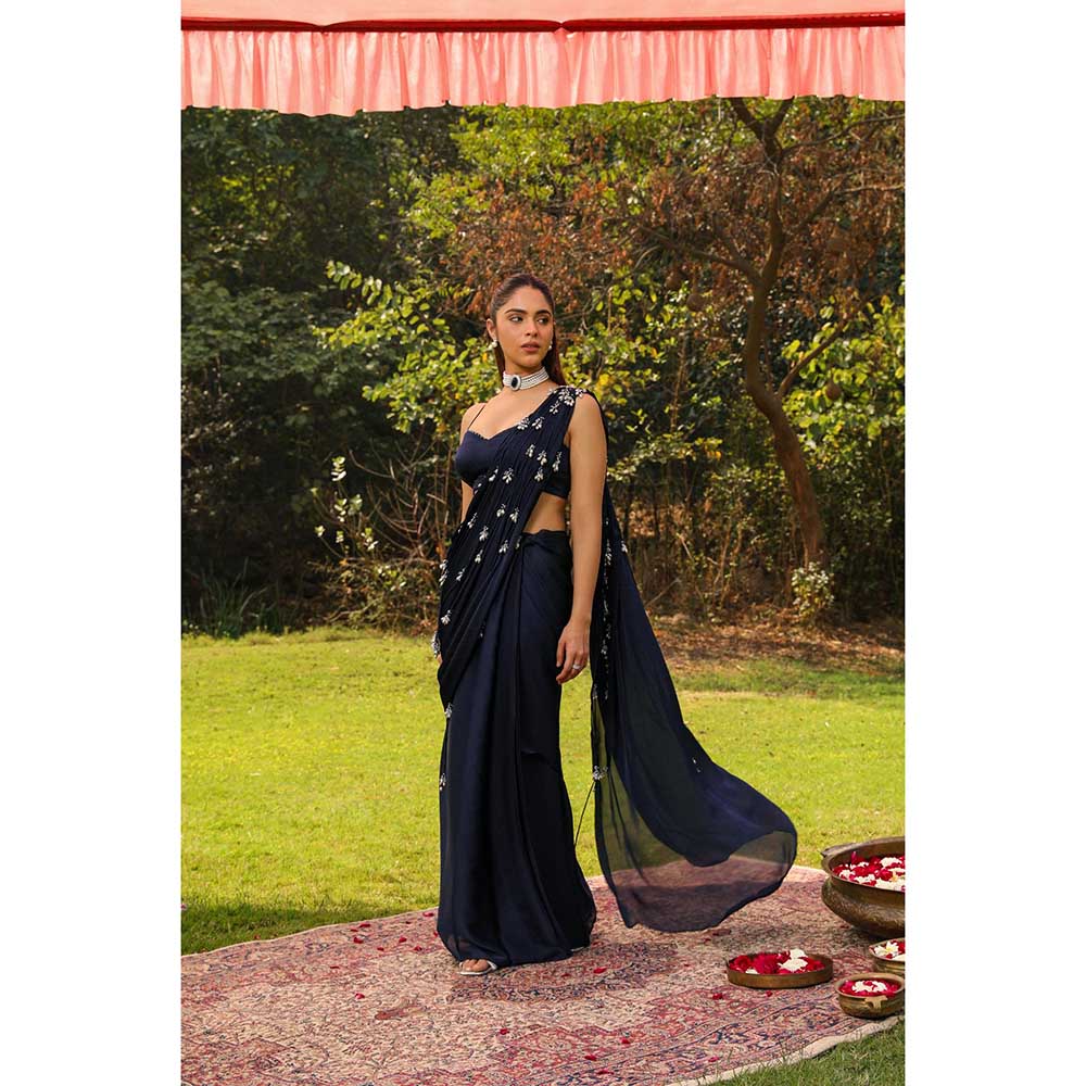Ajiesh Oberoi Droplet Strings Mermaid Pre-Draped Saree With Dori Stitched Blouse - Navy Blue