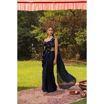 Ajiesh Oberoi Droplet Strings Mermaid Pre-Draped Saree With Dori Stitched Blouse - Navy Blue