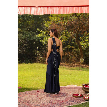 Ajiesh Oberoi Droplet Strings Mermaid Pre-Draped Saree With Dori Stitched Blouse - Navy Blue