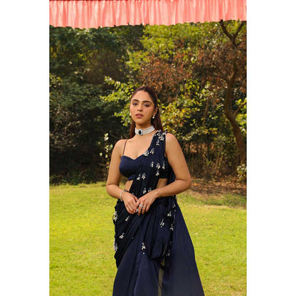 Ajiesh Oberoi Droplet Strings Mermaid Pre-Draped Saree With Dori Stitched Blouse - Navy Blue