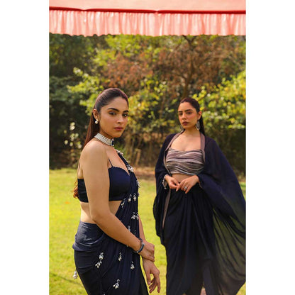 Ajiesh Oberoi Droplet Strings Mermaid Pre-Draped Saree With Dori Stitched Blouse - Navy Blue