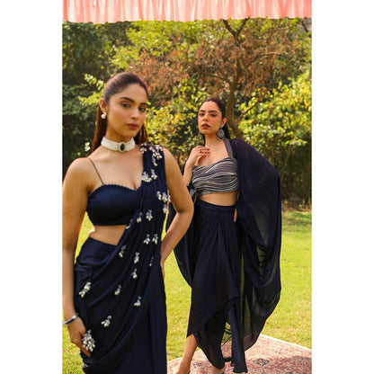 Ajiesh Oberoi Droplet Strings Mermaid Pre-Draped Saree With Dori Stitched Blouse - Navy Blue